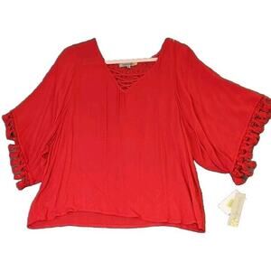 Figueroa & Flower Blouse Tunic Sz XL 3/4 Kimono Tassel Sleeves Lace Back Red NWT
